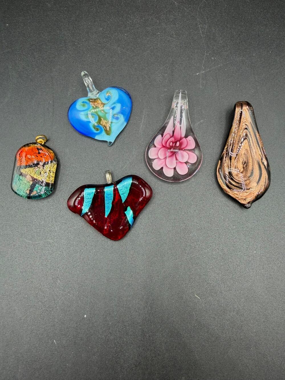 Art Glass Pendant Lot Lampwork Dichroic Foil Floral Heart Jewelry